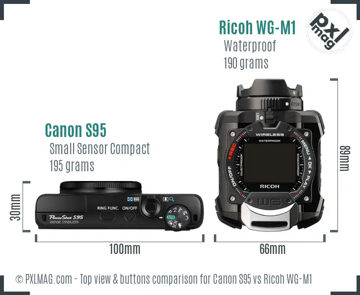 Canon S95 vs Ricoh WG-M1 top view buttons comparison