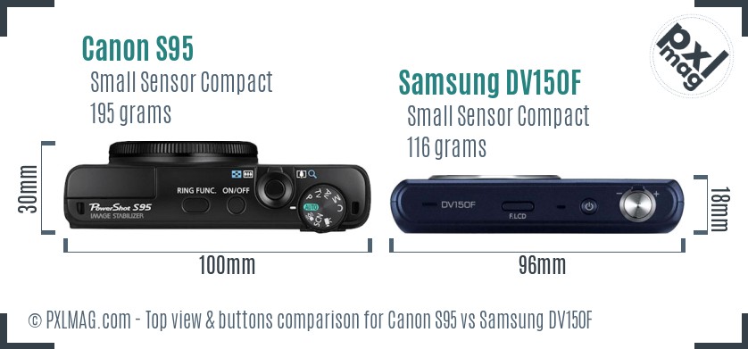 Canon S95 vs Samsung DV150F top view buttons comparison