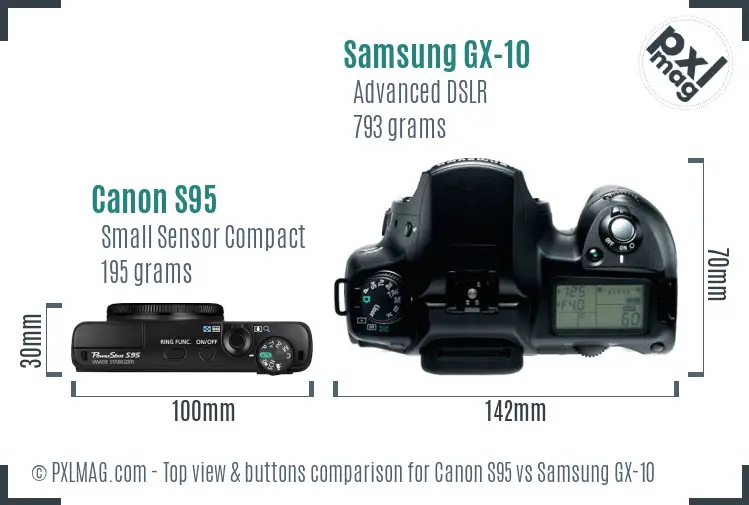 Canon S95 vs Samsung GX-10 top view buttons comparison Canon S95 vs Samsung GX-10 top view buttons comparison