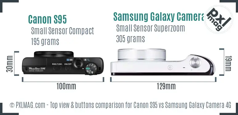Canon S95 vs Samsung Galaxy Camera 4G top view buttons comparison