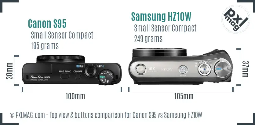 Canon S95 vs Samsung HZ10W top view buttons comparison Canon S95 vs Samsung HZ10W top view buttons comparison