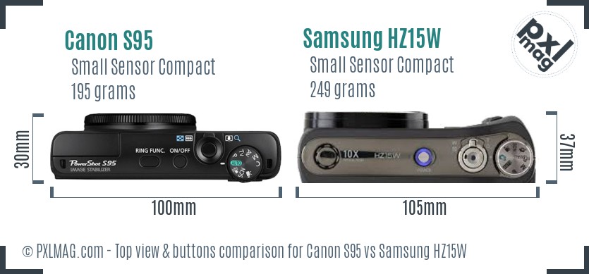 Canon S95 vs Samsung HZ15W top view buttons comparison