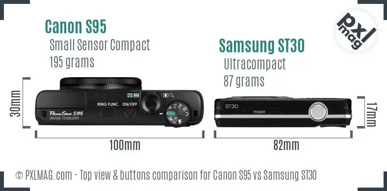 Canon S95 vs Samsung ST30 top view buttons comparison Canon S95 vs Samsung ST30 top view buttons comparison