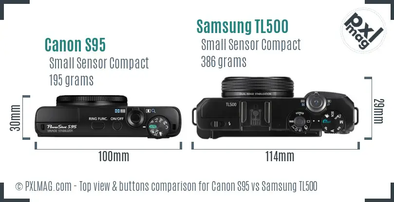 Canon S95 vs Samsung TL500 top view buttons comparison