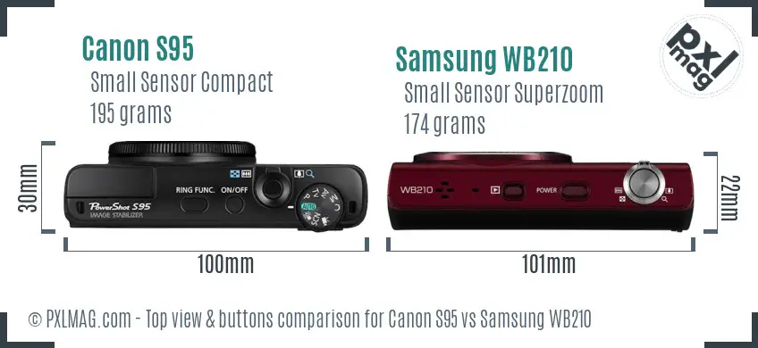 Canon S95 vs Samsung WB210 top view buttons comparison