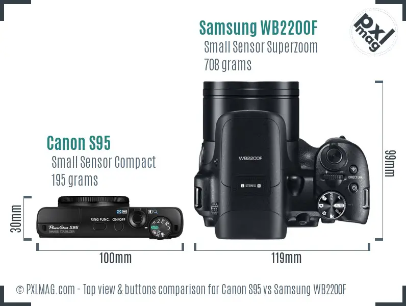 Canon S95 vs Samsung WB2200F top view buttons comparison Canon S95 vs Samsung WB2200F top view buttons comparison