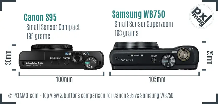 Canon S95 vs Samsung WB750 top view buttons comparison