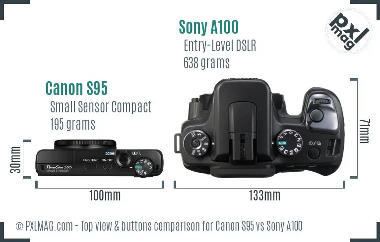 Canon S95 vs Sony A100 top view buttons comparison