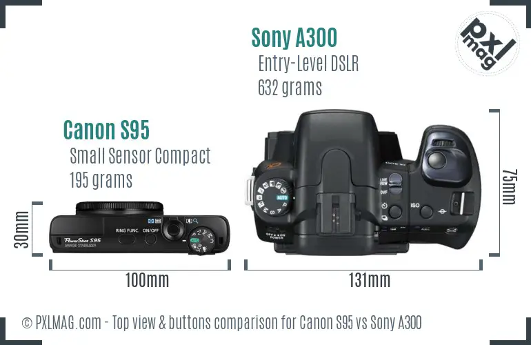Canon S95 vs Sony A300 top view buttons comparison Canon S95 vs Sony A300 top view buttons comparison
