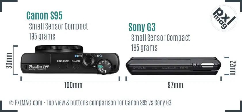 Canon S95 vs Sony G3 top view buttons comparison Canon S95 vs Sony G3 top view buttons comparison