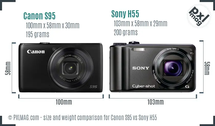 Canon S95 vs Sony H55 size comparison