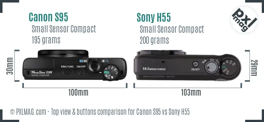 Canon S95 vs Sony H55 top view buttons comparison