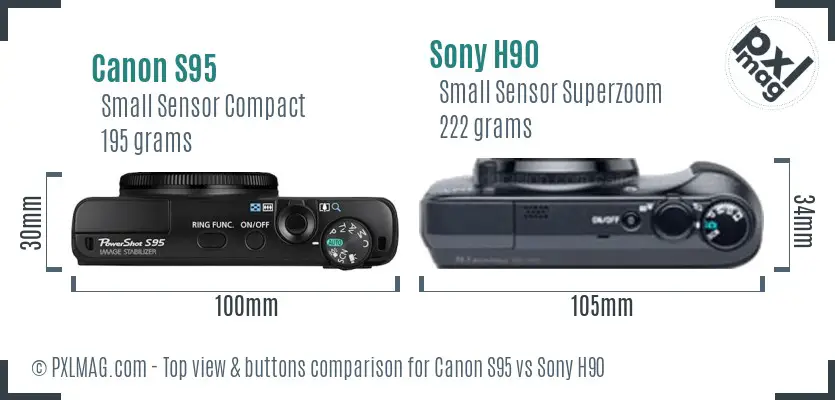 Canon S95 vs Sony H90 top view buttons comparison