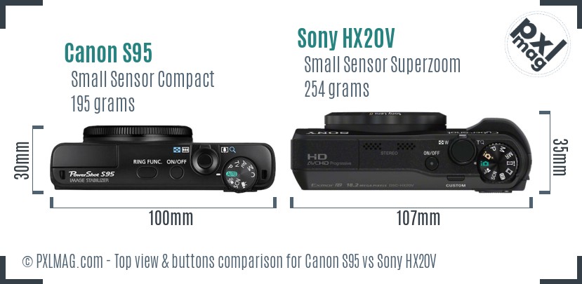Canon S95 vs Sony HX20V top view buttons comparison