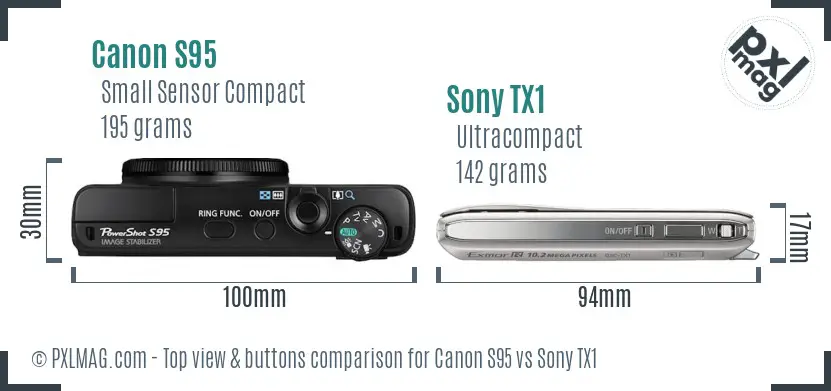 Canon S95 vs Sony TX1 top view buttons comparison Canon S95 vs Sony TX1 top view buttons comparison