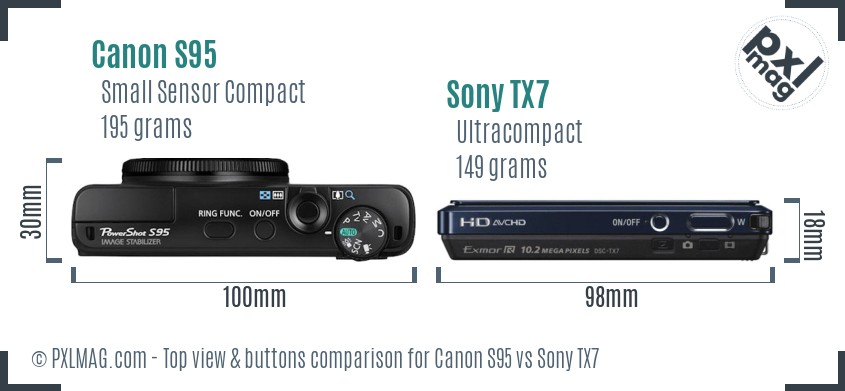 Canon S95 vs Sony TX7 top view buttons comparison