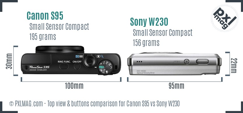 Canon S95 vs Sony W230 top view buttons comparison