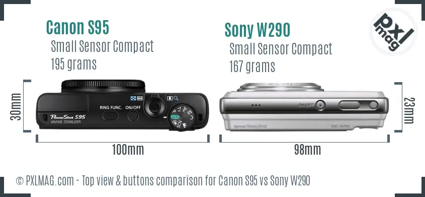 Canon S95 vs Sony W290 top view buttons comparison