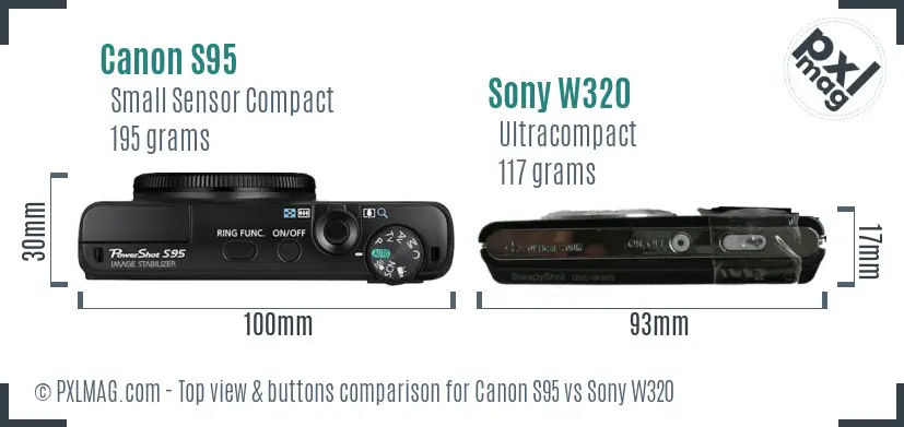 Canon S95 vs Sony W320 top view buttons comparison Canon S95 vs Sony W320 top view buttons comparison