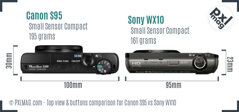 Canon S95 vs Sony WX10 top view buttons comparison