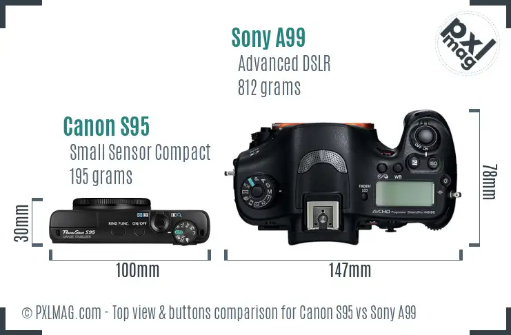 Canon S95 vs Sony A99 top view buttons comparison Canon S95 vs Sony A99 top view buttons comparison