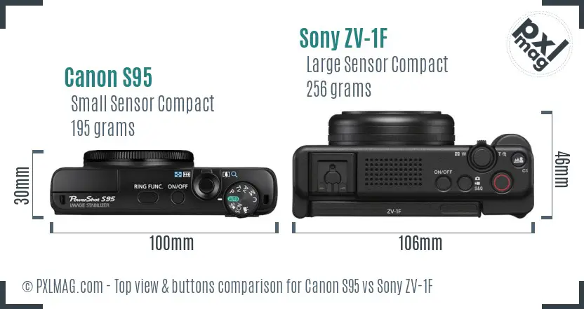 Canon S95 vs Sony ZV-1F top view buttons comparison Canon S95 vs Sony ZV-1F top view buttons comparison