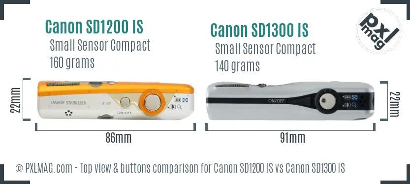 Canon SD1200 IS vs Canon SD1300 IS top view buttons comparison