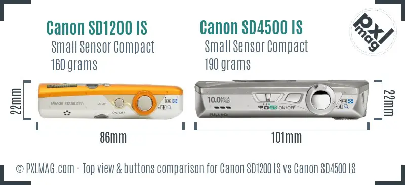 Canon SD1200 IS vs Canon SD4500 IS top view buttons comparison