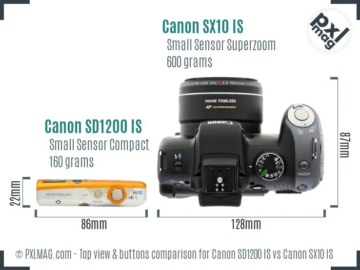 Canon SD1200 IS vs Canon SX10 IS top view buttons comparison