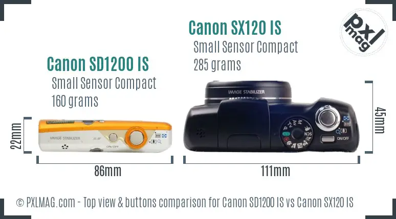 Canon SD1200 IS vs Canon SX120 IS top view buttons comparison Canon SD1200 IS vs Canon SX120 IS top view buttons comparison