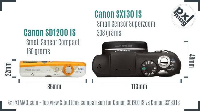 Canon SD1200 IS vs Canon SX130 IS top view buttons comparison