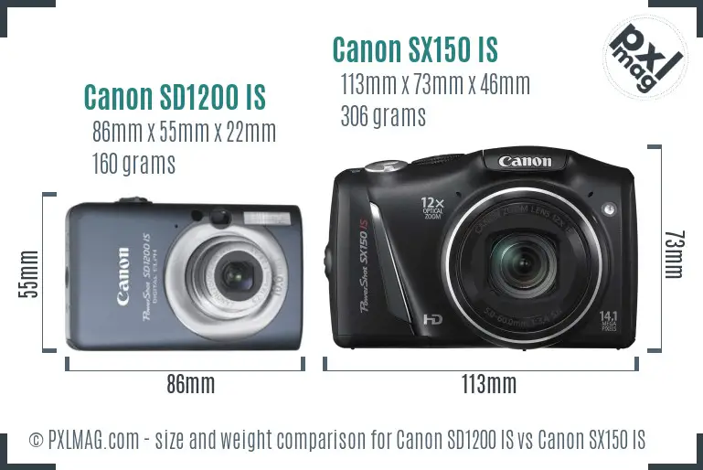 Canon SD1200 IS vs Canon SX150 IS size comparison