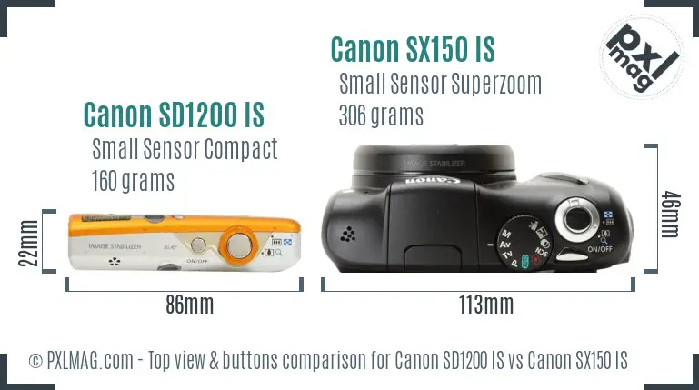 Canon SD1200 IS vs Canon SX150 IS top view buttons comparison
