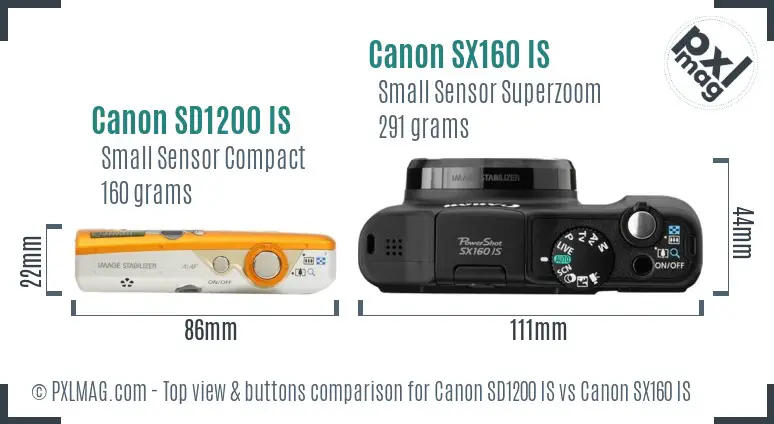 Canon SD1200 IS vs Canon SX160 IS top view buttons comparison