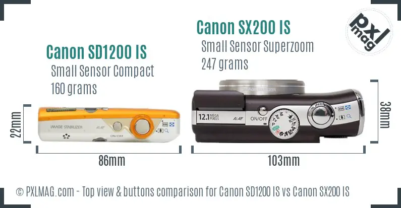 Canon SD1200 IS vs Canon SX200 IS top view buttons comparison