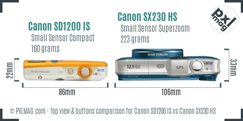 Canon SD1200 IS vs Canon SX230 HS top view buttons comparison