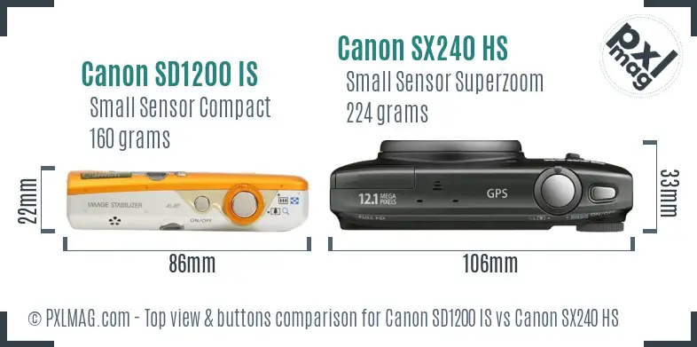 Canon SD1200 IS vs Canon SX240 HS top view buttons comparison