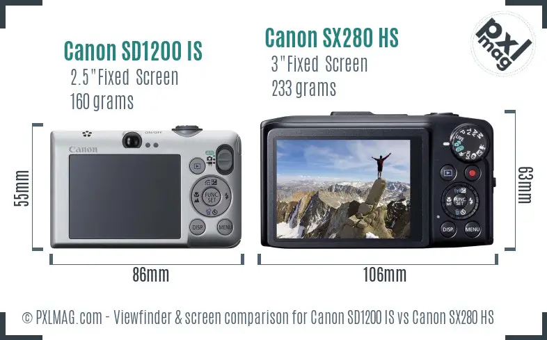 Canon SD1200 IS vs Canon SX280 HS Screen and Viewfinder comparison