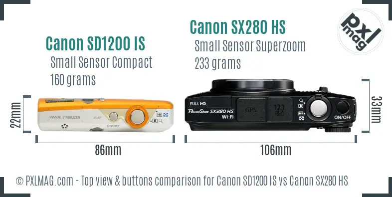Canon SD1200 IS vs Canon SX280 HS top view buttons comparison