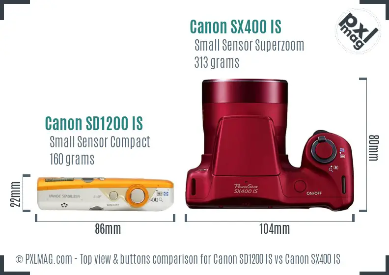 Canon SD1200 IS vs Canon SX400 IS top view buttons comparison