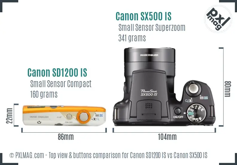 Canon SD1200 IS vs Canon SX500 IS top view buttons comparison