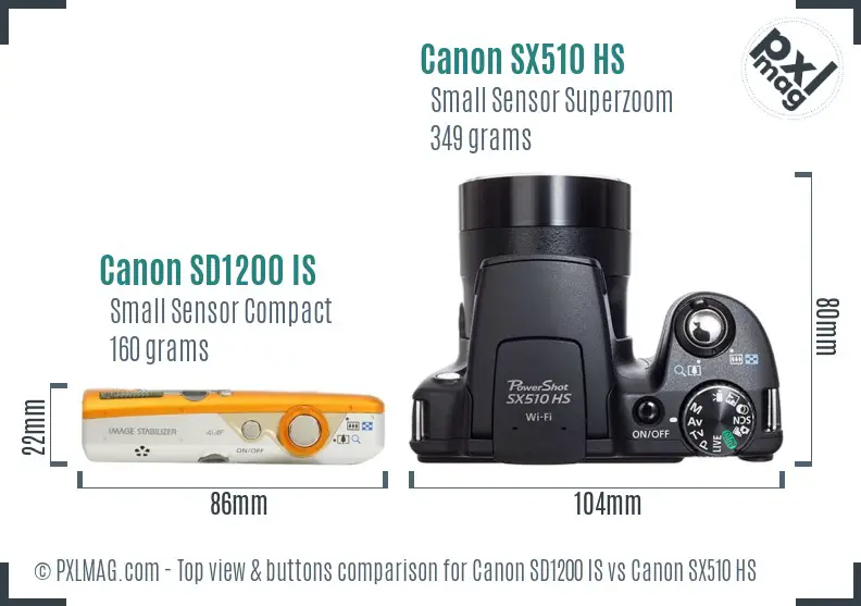 Canon SD1200 IS vs Canon SX510 HS top view buttons comparison