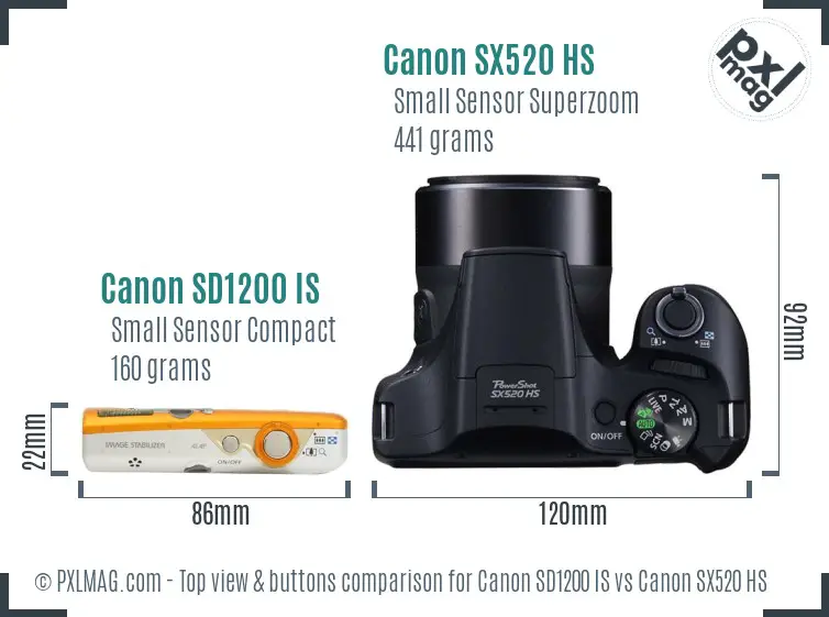 Canon SD1200 IS vs Canon SX520 HS top view buttons comparison