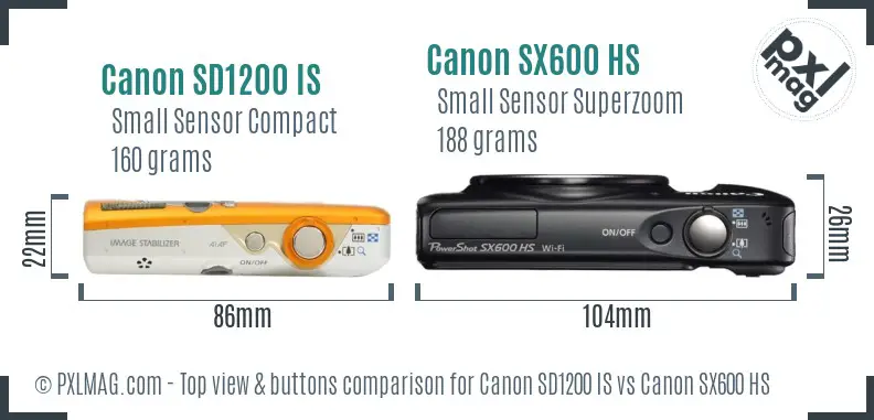 Canon SD1200 IS vs Canon SX600 HS top view buttons comparison