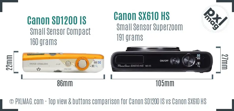 Canon SD1200 IS vs Canon SX610 HS top view buttons comparison