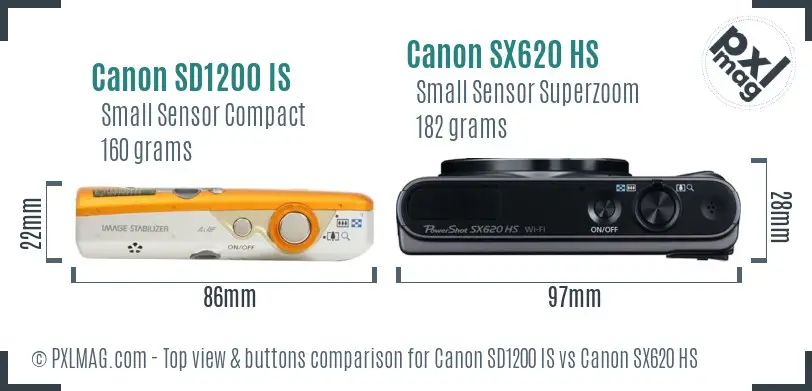 Canon SD1200 IS vs Canon SX620 HS top view buttons comparison