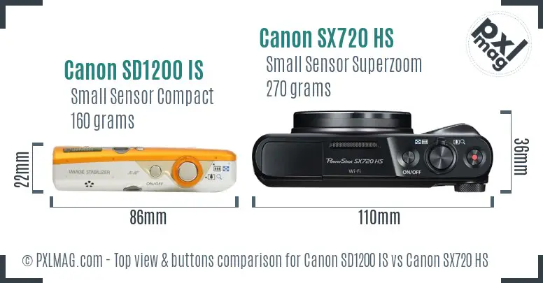 Canon SD1200 IS vs Canon SX720 HS top view buttons comparison