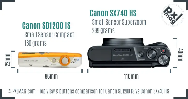 Canon SD1200 IS vs Canon SX740 HS top view buttons comparison