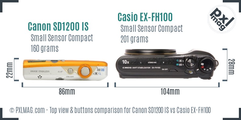 Canon SD1200 IS vs Casio EX-FH100 top view buttons comparison