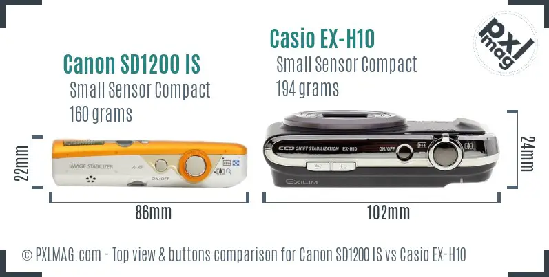 Canon SD1200 IS vs Casio EX-H10 top view buttons comparison Canon SD1200 IS vs Casio EX-H10 top view buttons comparison